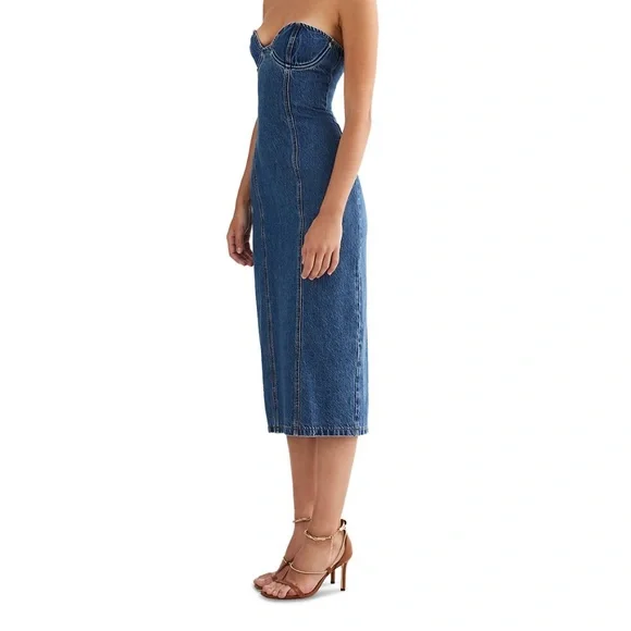Lioness Strapless Denim Midi Dress in Blue - Picture 3 of 14